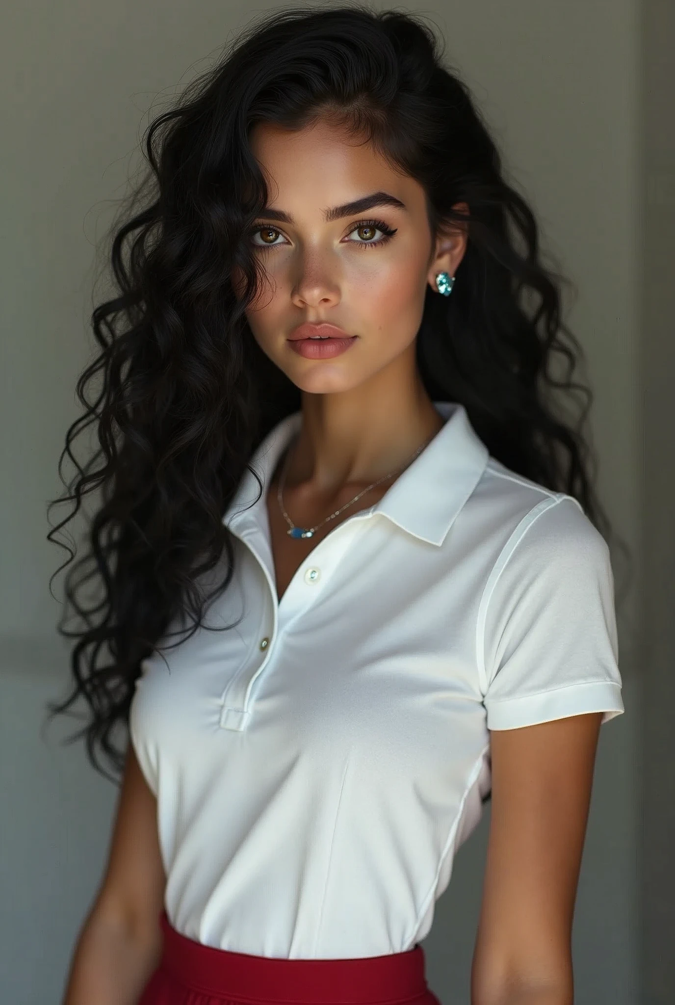 (exceptionally delicate and beautiful:1.2), 8k,(masterpiece:1.0),(best_quality:1.0), 1 girl,model And the intricate details, Enlarged textures, And the intricate details, Detailed eyes and detailed face, And the intricate details, Shiraga, black hair curl long hair, (closed mouth), Perfect 눈, equal eyes, Carolina Snow (Pamalee God) In a modern white polo shirt and red maroon short skirt spandex., Carolina Snow Perfect, Perfect, earring, hairpin, Perfect body, sexy body, carolina blue Perfect eyes, Lips Nude, necklace blue diamond, reply