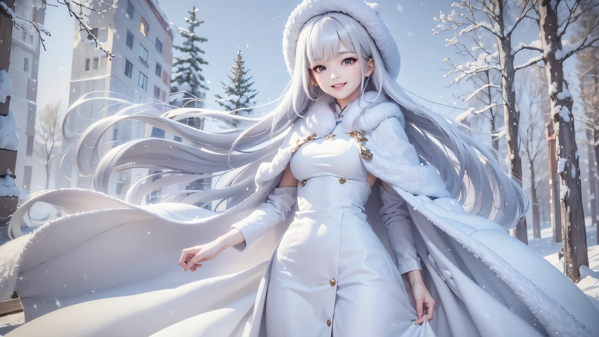 masterpiece、Highest quality、1 girl, winter, white hair, Cute girl, smile, close mouse, medium breasts, white dress, winter clothes, Fur coat、Small waist、Thin legs、outdoors, snow falling, in the forest and 湖