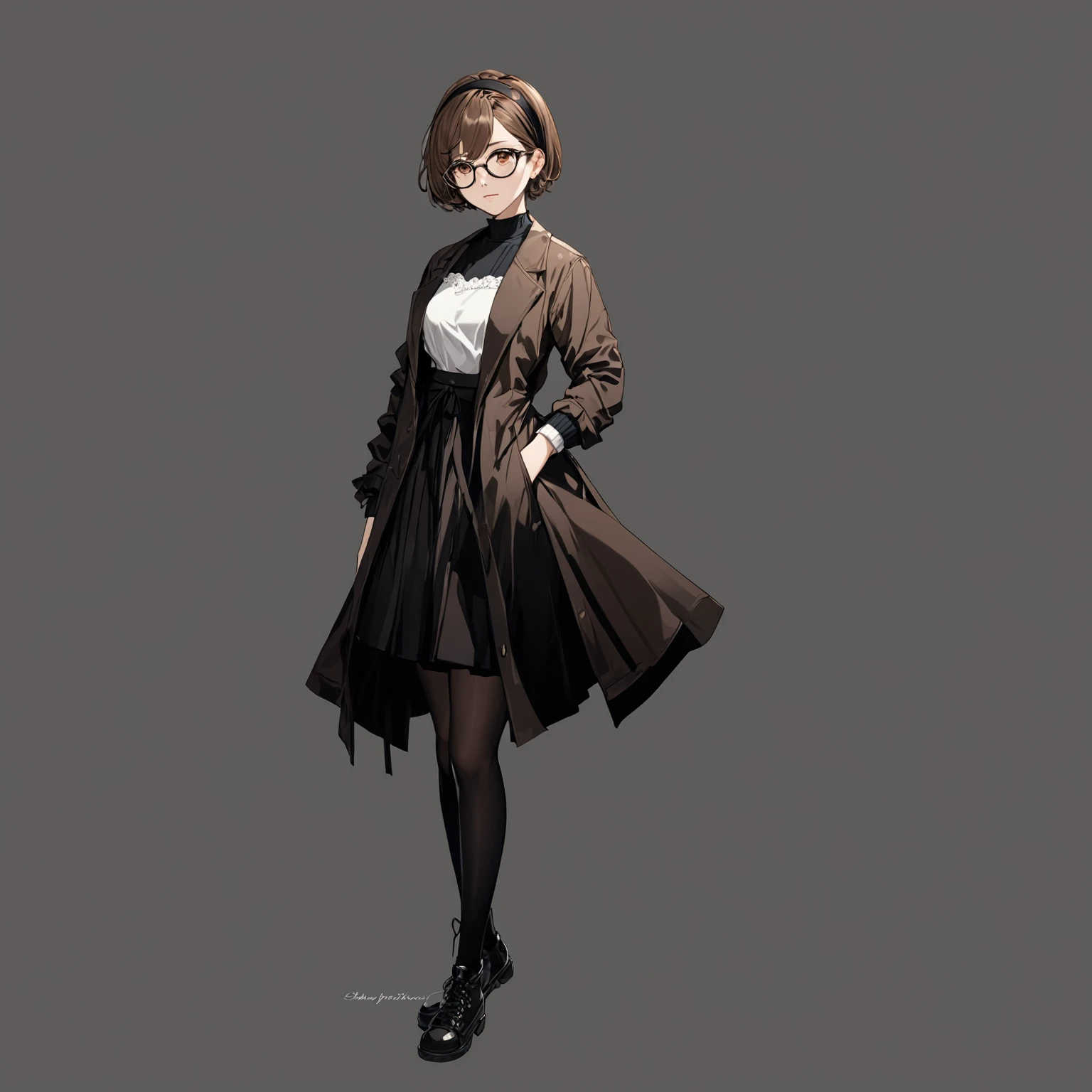masterpiece, best quality, good quality, Highly detailed, shadowverse style, female, brown hair, brown eyes, short hair, tidy hair, modern aesthetic, headband, glasses, teenager
