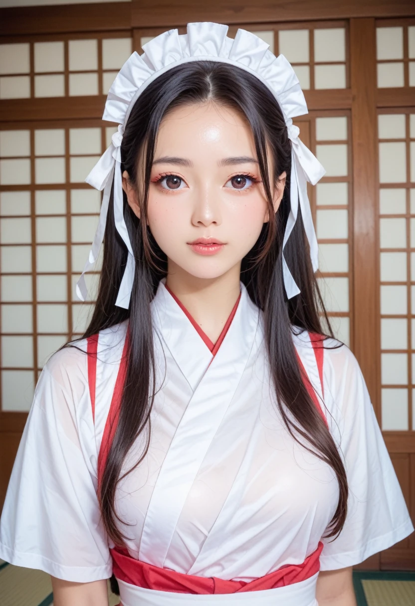 score_9,score_8_up,score_7_up,(pastel-color),(high brightness colors),1 girl,solo,(8k, masterpiece, ultra-detailed, best quality, ultra high res, newest, very aesthetic, absurdres, illustration, perfect composition),(hires),looking at viewer,black hair,shiny skin,fair skin,(upper body:1.5),Cute 20-year-old Japanese girl, cosplaying in a sexy maid outfit, curvy body, beautiful traditional Japanese garden background