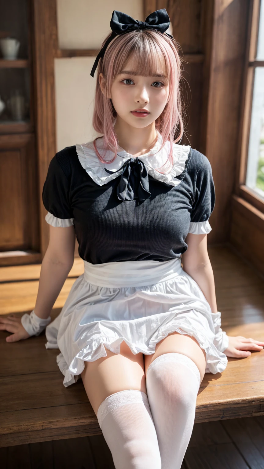 Mature Woman、Pink Hair、Light gray hair、((Two-tone hair))、White Lolita dress with delicate pink decoration、Slender women、Cute Woman、 8K Ultra HD,Detailed face、Delicate texture, Long Hair、(((Blunt bangs)))、(((Drill Hair)))、(bow ribbon, Maid, knee high socks:1.3), (Aside Cutter Shirt), frill skirt、((Ethnic Lolita))、A room in a Western-style building、((Delicate photo))，(Girl Astepeace RAW Photo Details:1.25), (highest quality:1.6), (超A high resolution:1.5), (Realistic:1.75), 8K resolution, Canon EOS R5, 50mm, Absurd, Super detailed,Cinema Lighting、((stuffed toy:1.25))、 (expresses the roundness and softness of your chest., large breasts)、(Leg spread)、