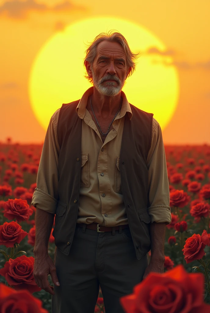 A homeless man around the age of 30 is beautiful inside but his clothes are neglected,
Standing in front of the beautiful yellowish sunset,
There are lots of roses on the horizon,
Roses in reddish rosy colors