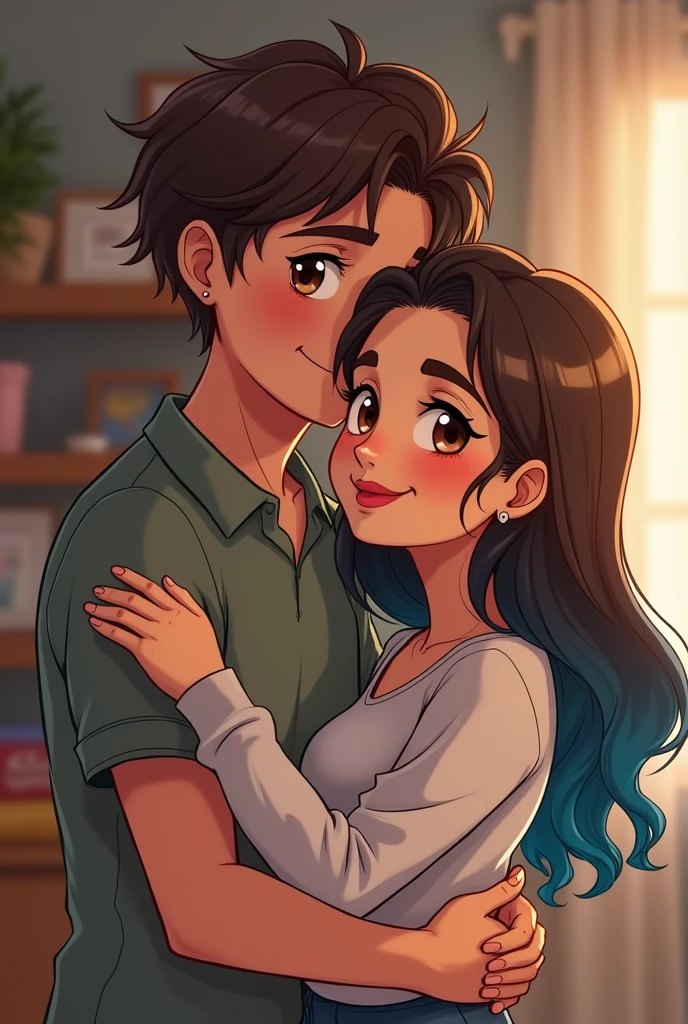 can you generate an 23 year old turkish girl who has dark brown and blue hair and brown eyes. she is at her home and taking a selfie. make her sillier. add an 23 year old turkish boy who has brown eyes and brown hair with an earing. make him taller than her and make them hug. make them lovers. create them like anime chrachters. make them more intimate. make him a lot more masculine. make them kiss