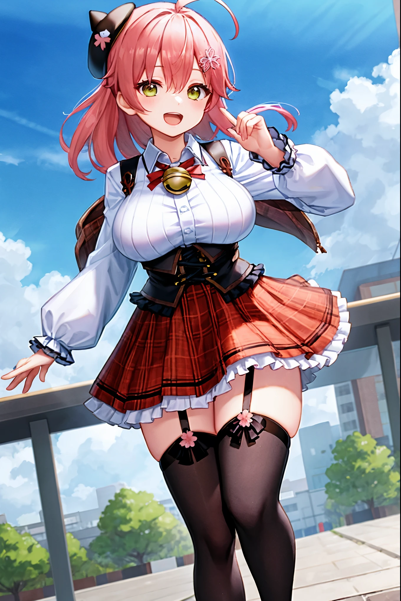 masutepiece, Best_Quality, hight_resolution, miko2,Ponytail, 1girl, Ahoge, black headwear, Hair Ornament, White shirt, black thighhighs, Pink hair, Red_skirt, very_short_skirt, plaid skirts, garter_strap, Collared shirt, hair clips, frilld, Bangs, hair between eye, frills skirt, beret, Pleated skirt, Hair Flower, Neck bell, , puffy long sleeves, Black bow, Underbust, Smile, (large_breasts:1.3),covered_nipples, green_eyes, happy, dynamic_angle,apart_legs,(big_smile:1.2),plump,open_mouth,shout,half_eyes,cherryblossom_park_landscape_background,