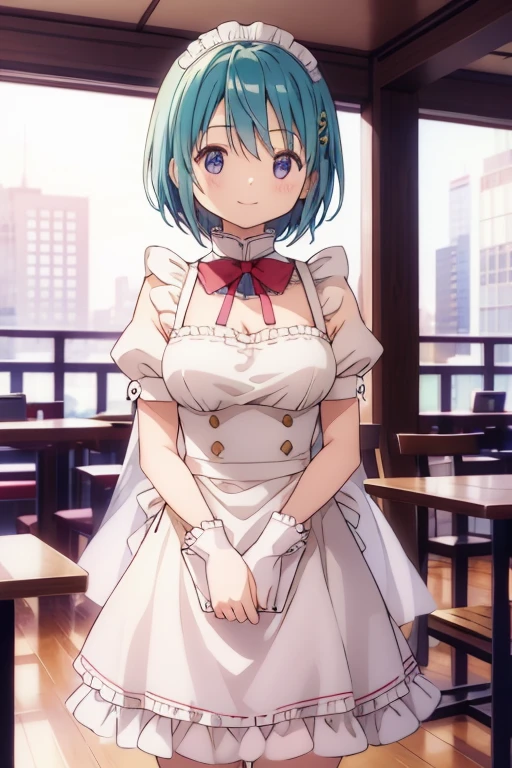 (high quality、masterpiece)、One Girl、anime、ultra hi resolution picture、Depth of written boundary、smile、cute、View your viewers、Coffee shop、whole body、Miki Sayaka、Maid clothes、Big Breasts