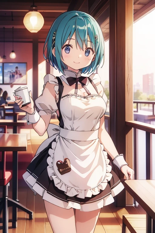 (high quality、masterpiece)、One Girl、anime、ultra hi resolution picture、Depth of written boundary、smile、cute、View your viewers、Coffee shop、whole body、Miki Sayaka、Maid clothes、Big Breasts