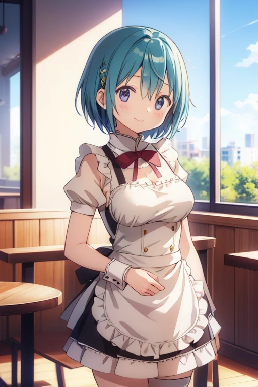 (high quality、masterpiece)、One Girl、anime、ultra hi resolution picture、Depth of written boundary、smile、cute、View your viewers、Coffee shop、whole body、Miki Sayaka、Maid clothes、Big Breasts