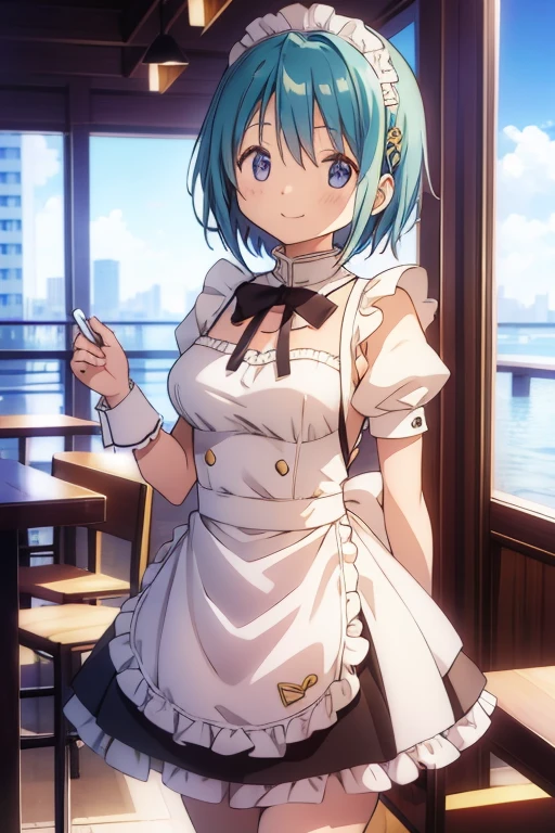 (high quality、masterpiece)、One Girl、anime、ultra hi resolution picture、Depth of written boundary、smile、cute、View your viewers、Coffee shop、whole body、Miki Sayaka、Maid clothes、Big Breasts