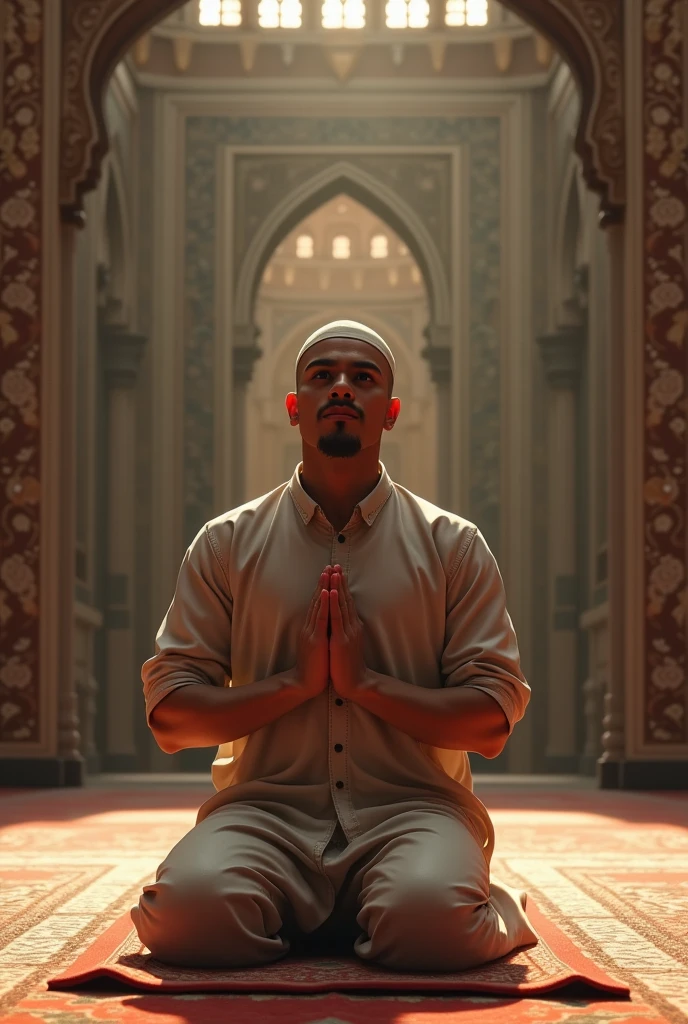 A high-resolution, realistic image of a young, masculine bald man praying to Allah inside a mosque in America, wearing a traditional taqiyah (head covering).