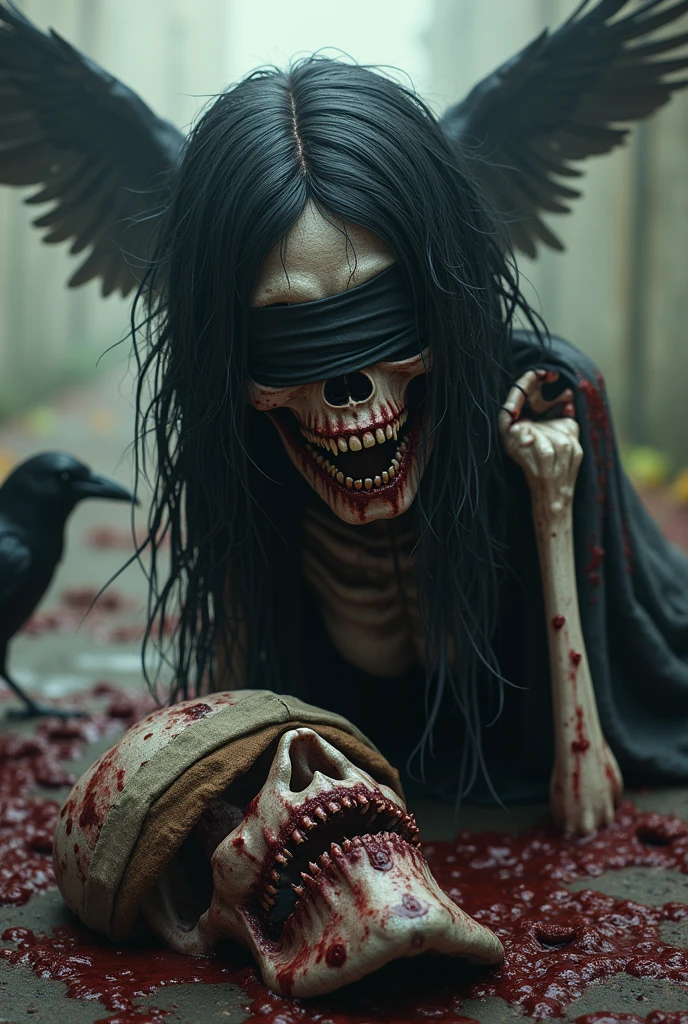 Punk skull with long hair blindfolded with blood stained blindfold. Crows behind her devour a decomposing body.