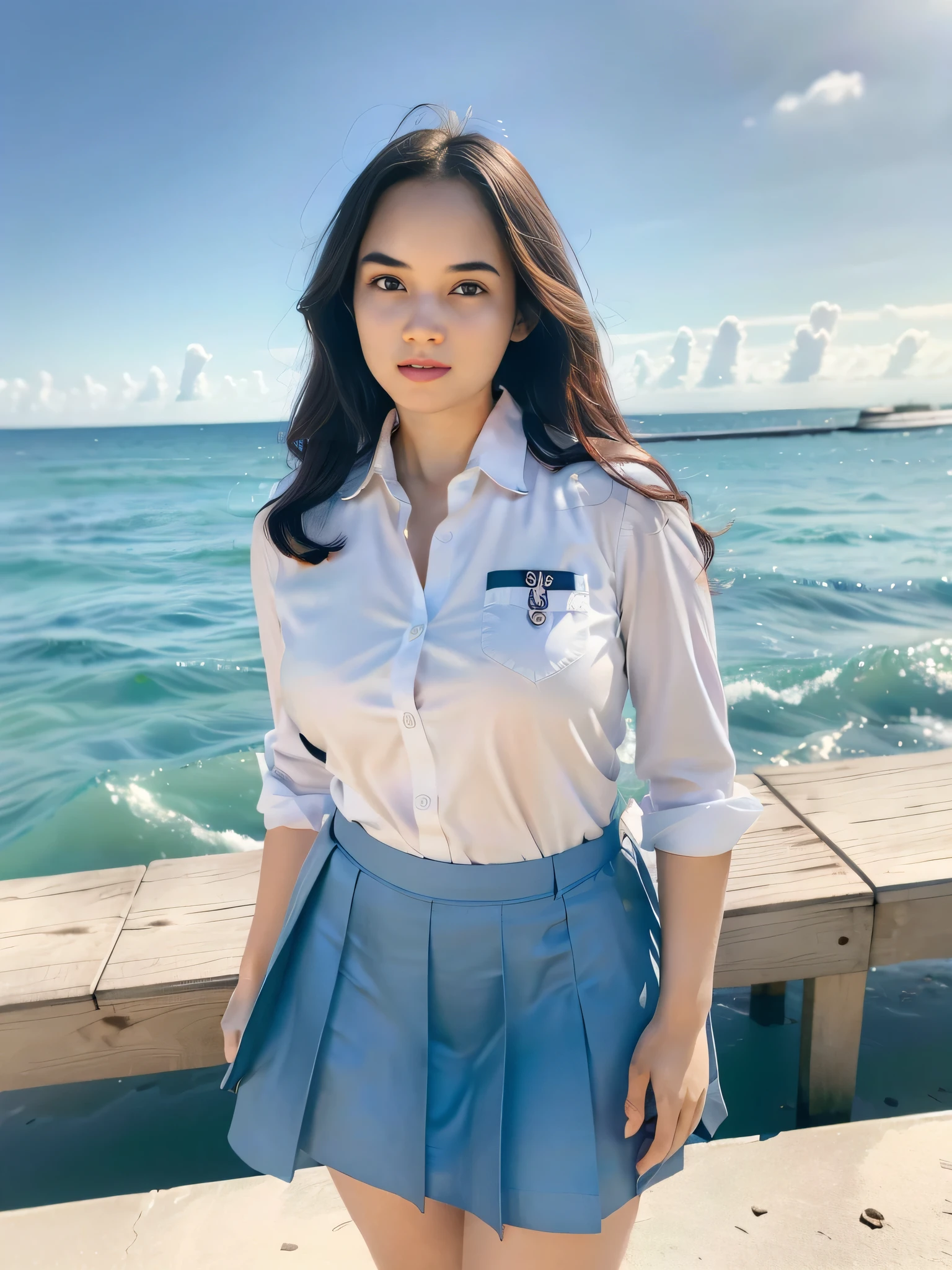 1girl, solo, (uniform), standing, at the beach, beautifully ocean scenery, detailed face, cute face, detailed eyes, thick breasts, smooth realistic skin, tight white shirt, tight blue grey miniskirt, looking at the audience, low angle shot,(8k, RAW photo, best quality, masterpiece: 1.2), (realistic, realistic: 1.37), ultra-high resolution