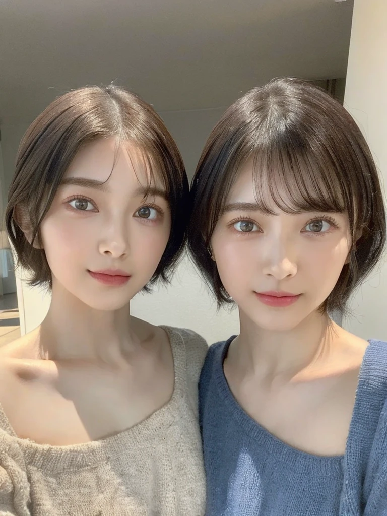 (masterpiece:1.3), (8k, Photoreal, Raw photo, best image quality: 1.4), Japanese high school girl、(random hairstyle:1.2)、cleavage:1.5、super detail face、eye for details、double eyelid、chest to chest、sharp focus:1.2、Beautiful woman:1.4、light brown hair、highest quality、masterpiece、超A high resolution、(Photoreal:1.4)、Highly detailed and professionally lit smiles、loose and light knitwear、shoulder out、thin、serious expression、short haired、deadly position
similar identical twins
All the girls have the exact same face, The two have the same face and figure, as if they were mirror images.