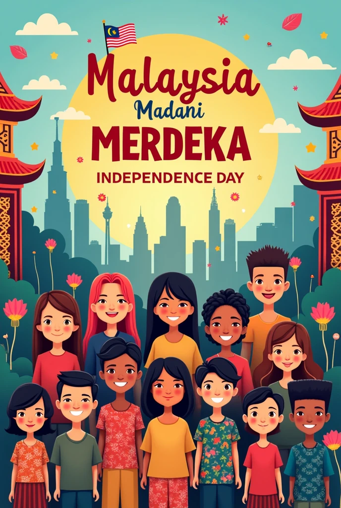 a poster about independence day with cartoon people of different colour tones and the title is Malaysia Madani MERDEKA