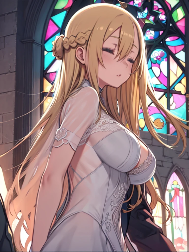 One Woman、Blonde Hair、long hair、Hair between the eyes、Braid、Close ~ eyes、Big Breasts、Wedding dress、Clothes with embroidered lace、See-through clothing、Photographed in front of the church altar、Angle from the side、Stained glass、Kissing a man in a tuxedo、Man with unclear face、Upper body close-up、breast enhancement、