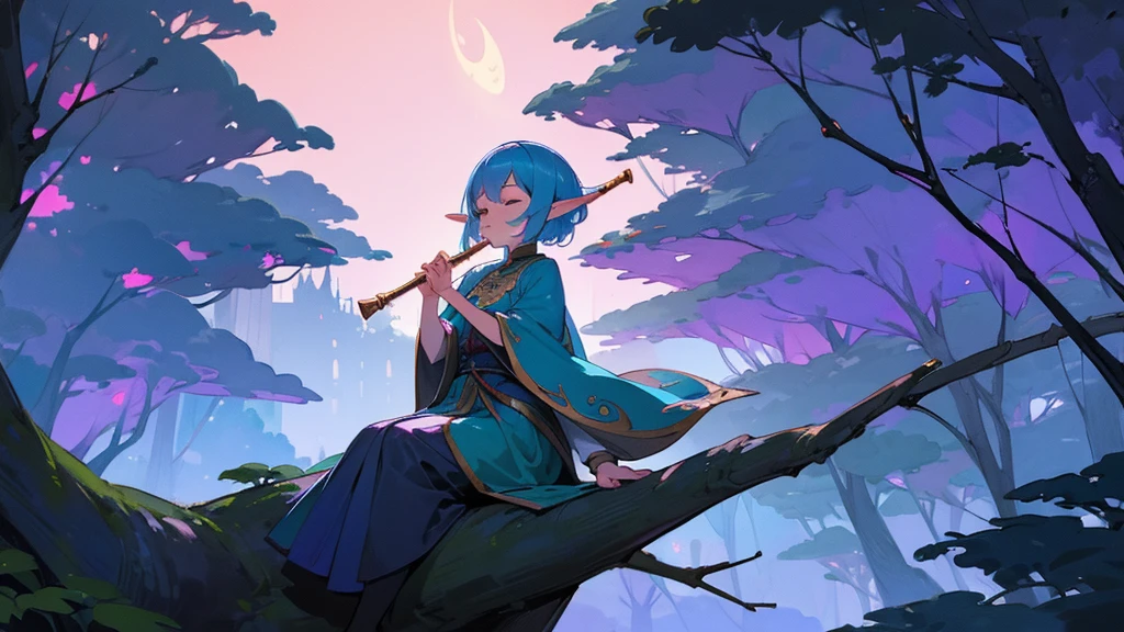(((From diagonally left behind))), 独奏, Anime Elf girl playing flute while sitting gracefully on a tree branch ,elf girl sitting left, magical atmosphere, panoramic fantasy night landscape,  town in the forest can be seen, with charming houses, winding streets illuminated by moonlight, closed eyes, she wear long witch outfit, blows a flute in the proper position, (((transverse flute)))