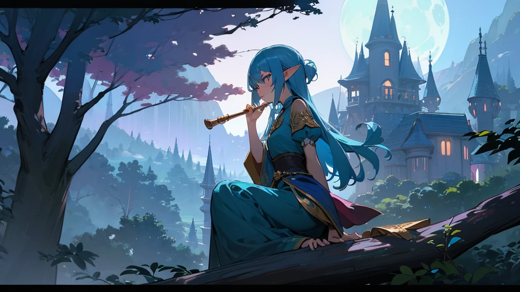 (((From diagonally left behind))), 独奏, Anime Elf girl playing flute while sitting gracefully on a tree branch ,elf girl sitting left, magical atmosphere, panoramic fantasy night landscape, town in the forest can be seen, with charming houses, winding streets illuminated by moonlight, closed eyes, she wear long witch outfit, blows a flute in the proper position, (((transverse flute)))