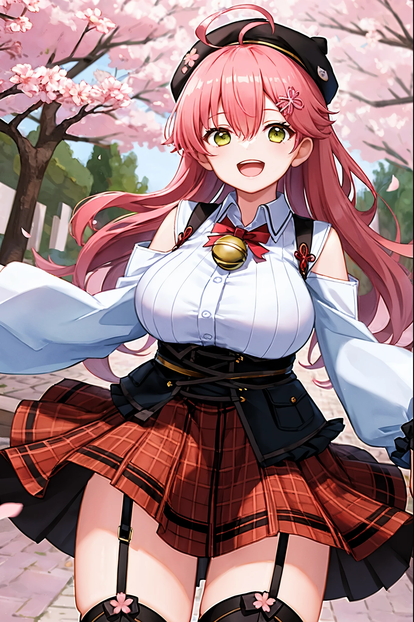 masutepiece, Best_Quality, hight_resolution, miko2,Ponytail, 1girl, Ahoge, black headwear, Hair Ornament, White shirt, black thighhighs, Pink hair, Red_skirt, very_short_skirt, plaid skirts, garter_strap, Collared shirt, hair clips, frilld, Bangs, hair between eye, frills skirt, beret, Pleated skirt, Hair Flower, Neck bell, , puffy long sleeves, Black bow, Underbust, Smile, (large_breasts:1.3),covered_nipples, green_eyes, happy, dynamic_angle,apart_legs,(big_smile:1.2),plump,open_mouth,shout,half_eyes,cherryblossom_park_landscape_background,