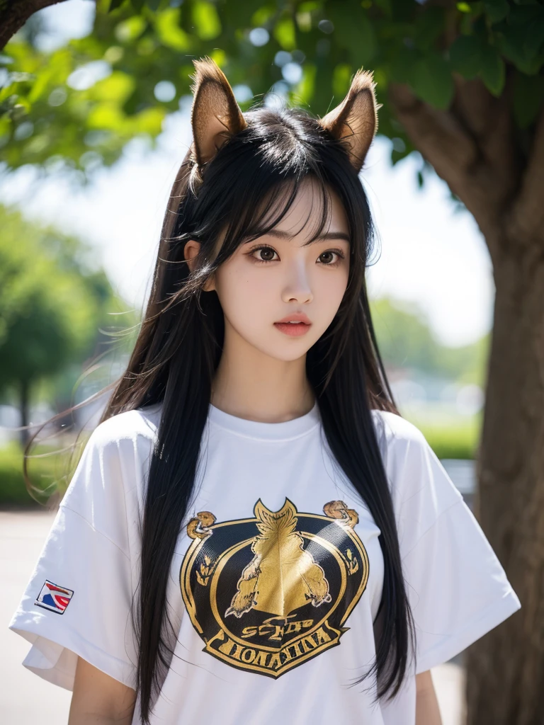 One girl, Black Hair, championtShirt High Resolution, Long Hair,
Squirrel ears,