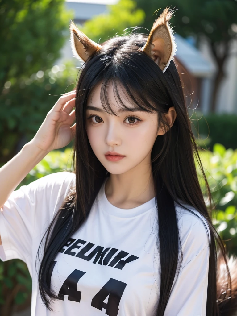 One girl, Black Hair, championtShirt High Resolution, Long Hair,
Squirrel ears,
