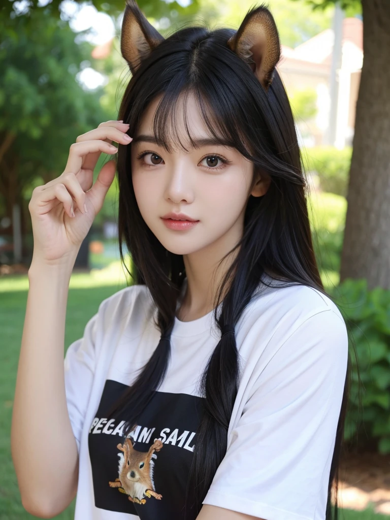One girl, Black Hair, championtShirt High Resolution, Long Hair,
Squirrel ears,