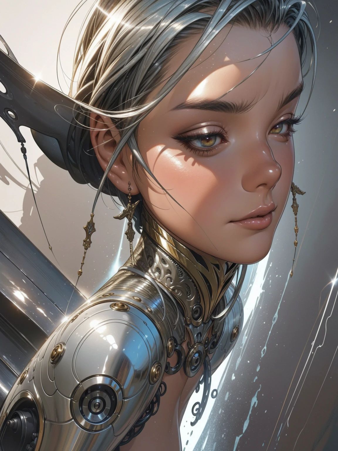 ((fully body)), Impressionante arte de fantasia em liquid metal, extremely detailed 8K, ultra-realistic, professional digital painting, Detailed metal robot figure, liquid metal, like flowing mercury, shiny chrome and gold, Surreal and supernatural, dramatic lighting, somber atmosphere, Film structure, bright energy effect, Fascinating texture, futuristic cyberpunk, Complex machine details, perfect integration of organic and inorganic forms, breathtaking visual complexity, beautifully executed, inspirational、Create an immersive experience,Esculturas de liquid metal extremamente detalhadas e intrincadas, Shiny metallic finish, shiny chrome, Dynamic abstract shapes, Complexly distorted、fluid form, Seductive reflections, dramatic lighting, realisitic