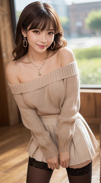 (Tabletop, Highest quality, High resolution, , Pixel perfect, 4K,), 1 girl, single, alone, Beautiful woman、I could see the whole body、 ((Wavy mid-hair, bangs, Brown Hair)), ((Brown eyes, Beautiful eyelashes, Realistic eyes)), ((Detailed face, blush:1.2)), ((Smooth texture:0.75, Realistic texture:0.65, Realistic:1.1, Medium chest, Dynamic Angle, Perfect body, ((, female teacher, , Earrings、necklace、Beige off-the-shoulder sweater、Long pleated skirt、Black knee-high stockings、Pink lace panties、A shy smile)), Superior、、、evening、、Bring your arms together to emphasize your chest、necklaceを胸で挟む、Angle from below)、