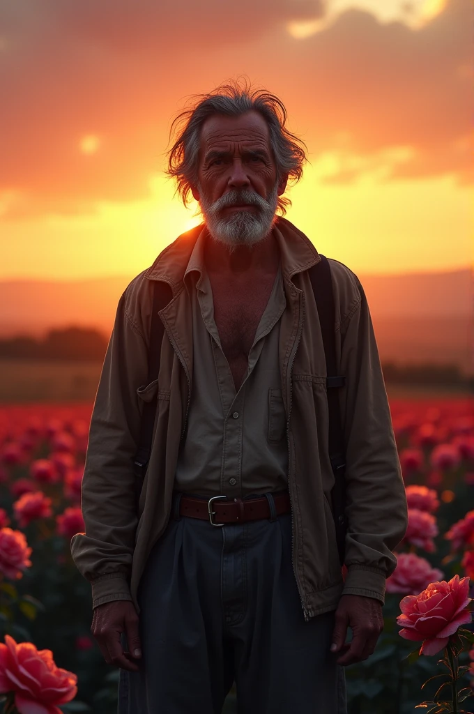 A homeless man around the age of 30 is beautiful inside but his clothes are neglected,
Standing in front of the beautiful yellowish sunset,
There are lots of roses on the horizon,
Roses in reddish rosy colors