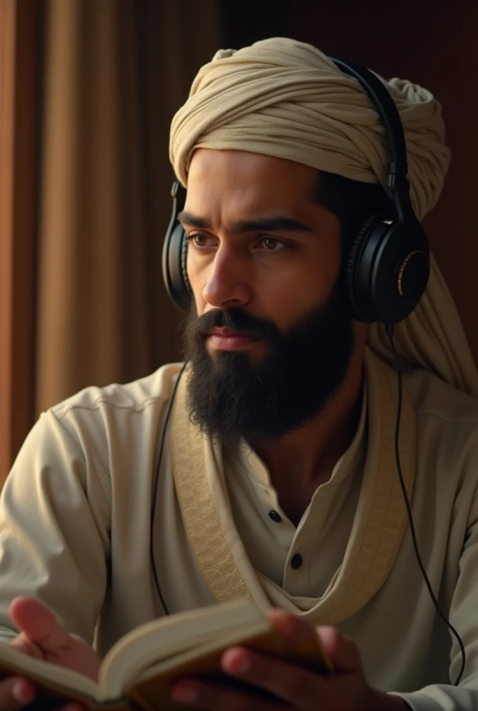 A Muslim man listening something wearing a headphone