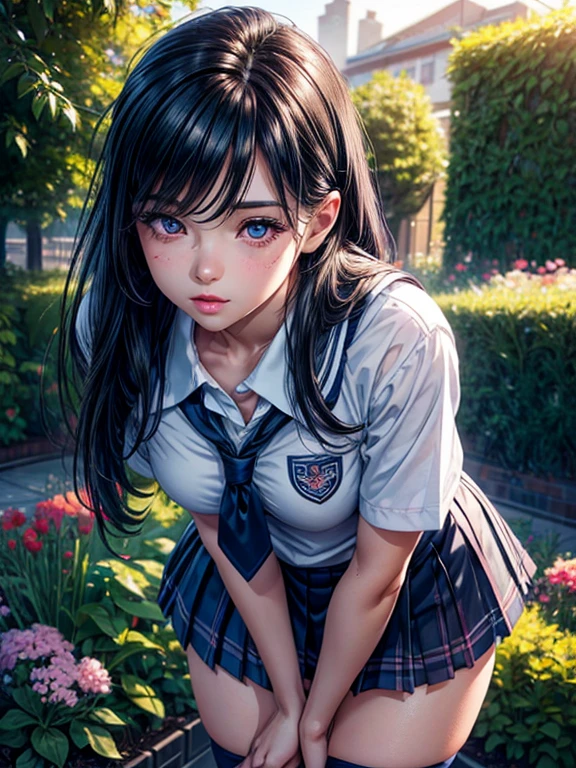 a schoolgirl bending over, panty visible, beautiful detailed eyes, beautiful detailed lips, extremely detailed face, long eyelashes, school uniform, outdoor garden scene, photorealistic, 8k, (best quality:1.2), ultra-detailed, (realistic:1.37), vivid colors, natural lighting, beautiful scenery, intricate details, elegant, dynamic pose