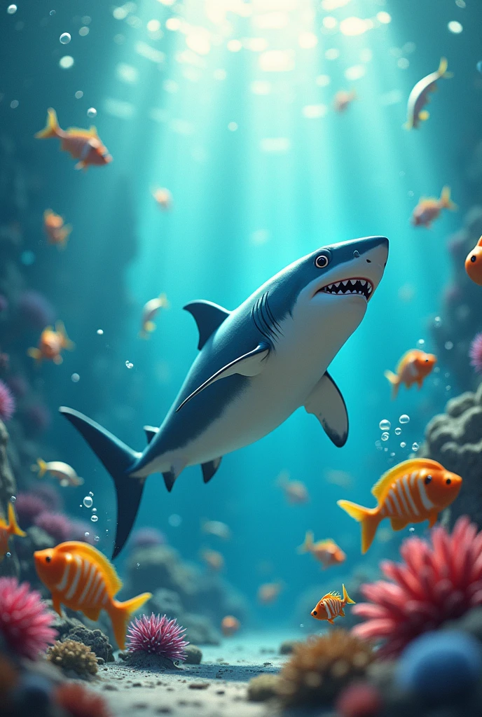 "Create a whimsical underwater scene where a shark, wearing a playful expression, is dancing gracefully among a variety of vibrant, animated fish. The scene is filled with bubbles, shafts of sunlight piercing through the water, and a sense of joyful movement and harmony."