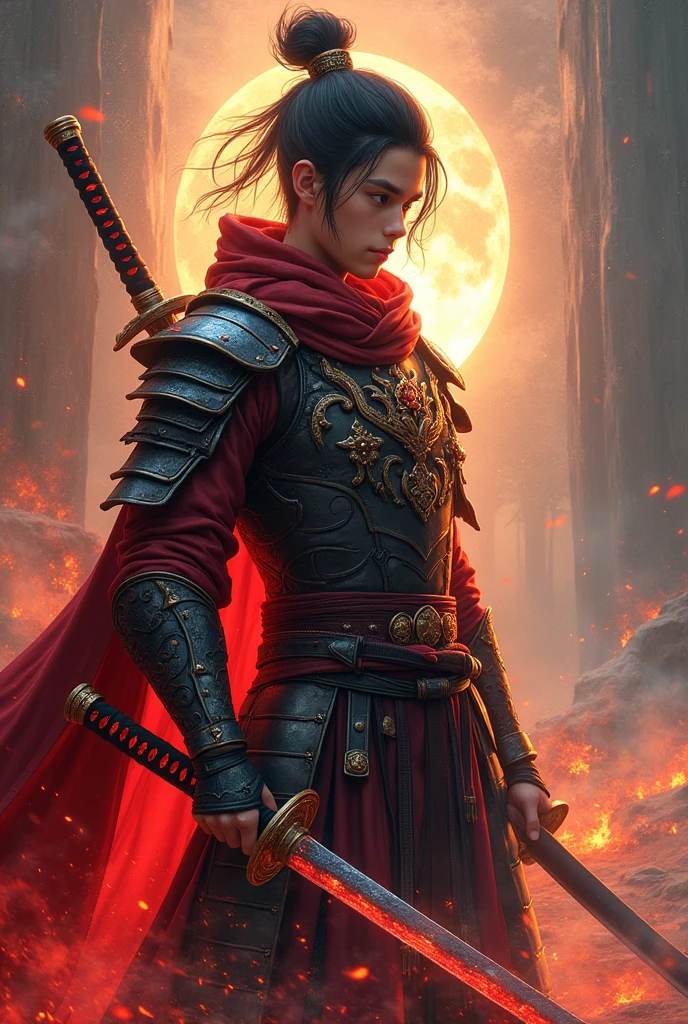 A boy of 25 years supreme overlord and Conquer of The seven realms With flame thunder ice water earth elements flowing like an aura handsome looking boy with 2 cursed katanas with redish aura flowing in the katanas and the boy with the seven realms armor cool looking