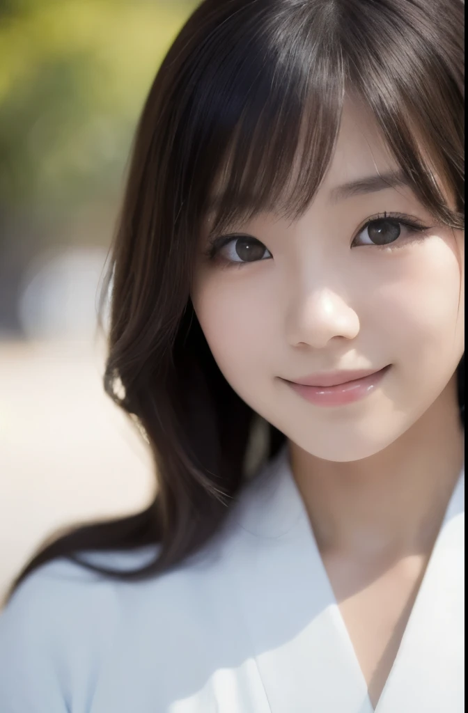 best quality, face focus, soft light, ultra high res, (photorealistic:1.4), RAW photo,(Shinozaki Ai), white skin, kawaii, 1 Japanese girl, solo, cute, (smile), (pupil, lights in the eyes),  detailed beautiful face, Medium-sized breasts,(high resolution detail of human skin texture),(long hair),(portrait), upper body, white traditional kimono,