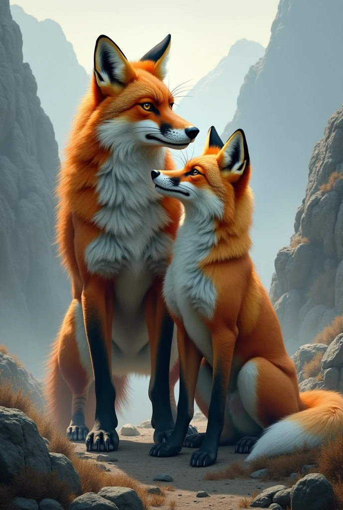 A large fox and a she-wolf of equal size and a she-wolf .