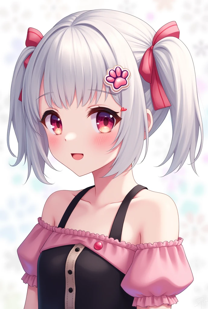 a cute and beautiful girl with short white hair with her hair tied in two short ponytails on the right and left sides and wearing a black and pink dress, the ribbon in the pink hair, smiling, has a hair clip located on the hair bangs in the shape of a pink and white cat&#39;s paw