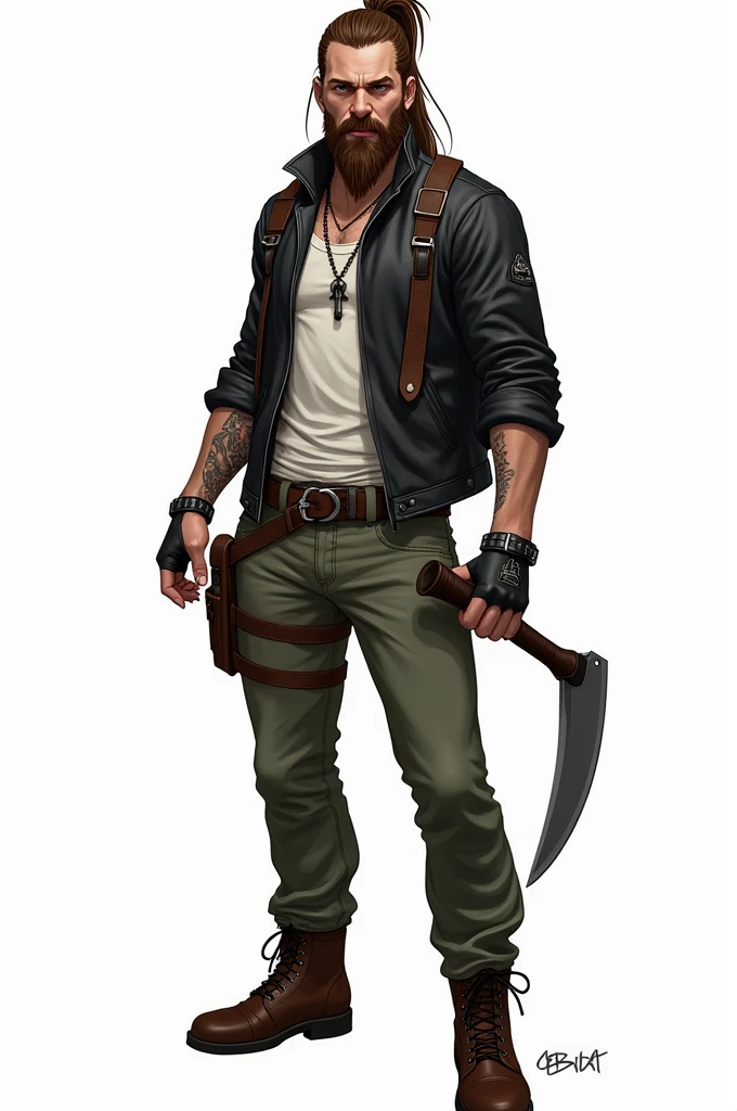 drawning, sharp colors, one men, 30years, barba, Long hair tied up, side of shaved head, zombie apocalypse style, black leather jacket, white undershirt, green jeans, brown boots, in attack position, holding a machete, white background, fully body