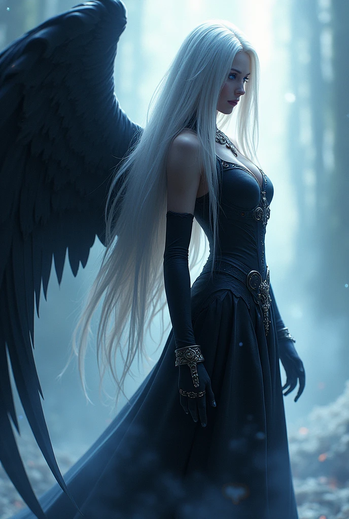 female version of sephiroth with a singular black wing on the left side with long white hair and beautiul blue eyes