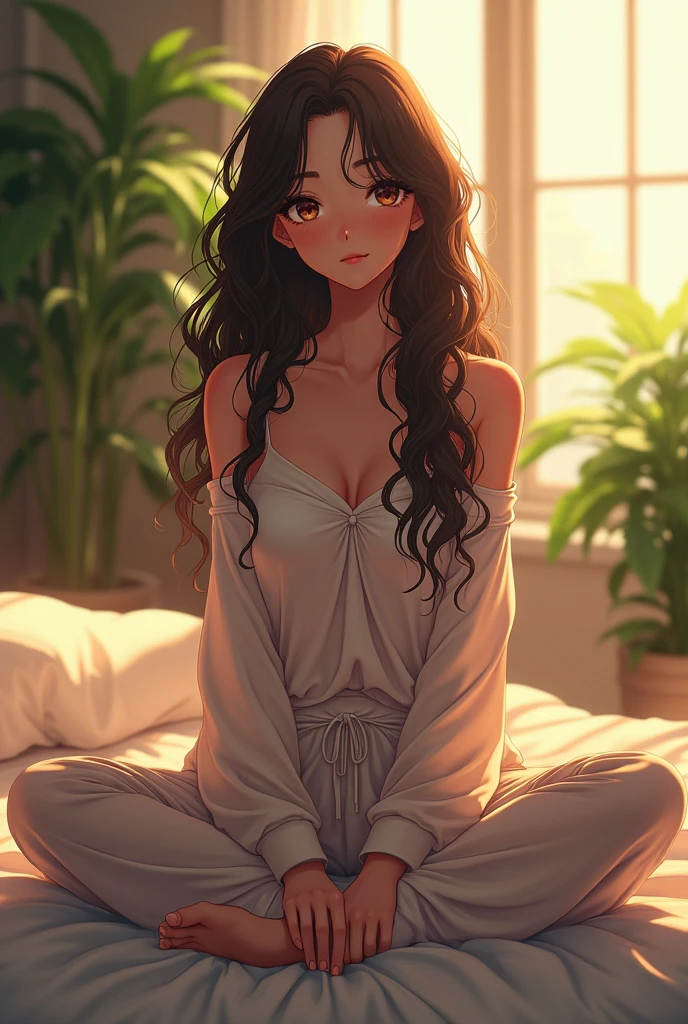 (photorealism:1.2),anime beautiful woman, sitting on bed, wearing loose off-shoulder top, pajama pants, long curly hair, indoors, soft lighting, plants in background, window with sunlight, cozy room, relaxed pose, realistic, intricate details, warm colors, by Greg Rutkowski, by Alphonse Mucha
