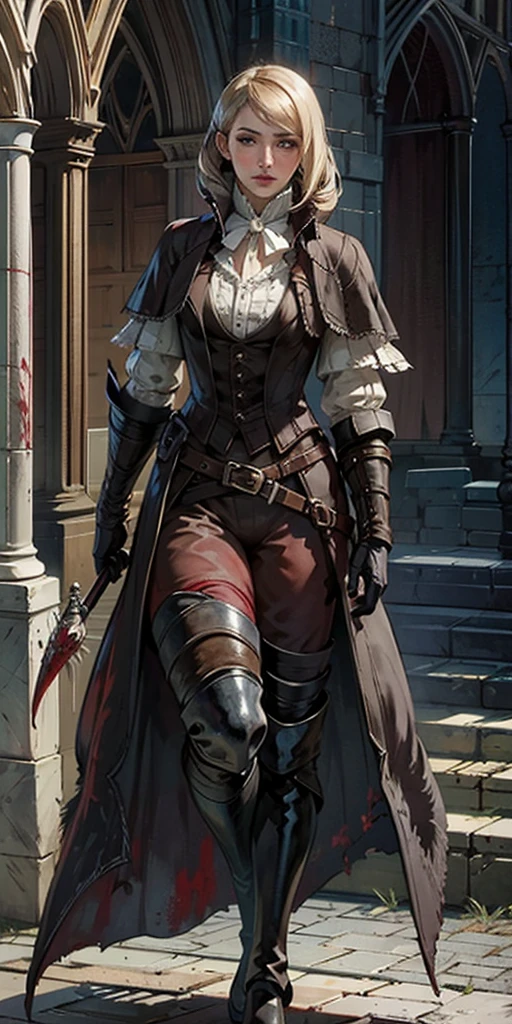 photorealistic, high resolution, soft light,1women, solo, hips up, look at viewer, (detailed face), bangs, edgBB, black gloves, belt, coat, torn clothes, capelet, red gloves gauntlets, vambraces, black capelet, hunter (bloodborne) woman wearing edgBB_outfit, outdoors, gothic architecture, jewelry, full body Forrest Fire Emblem twin drills blonde hair