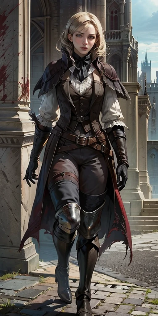 photorealistic, high resolution, soft light,1women, solo, hips up, look at viewer, (detailed face), bangs, edgBB, black gloves, belt, coat, torn clothes, capelet, red gloves gauntlets, vambraces, black capelet, hunter (bloodborne) woman wearing edgBB_outfit, outdoors, gothic architecture, jewelry, full body Forrest Fire Emblem twin drills blonde hair