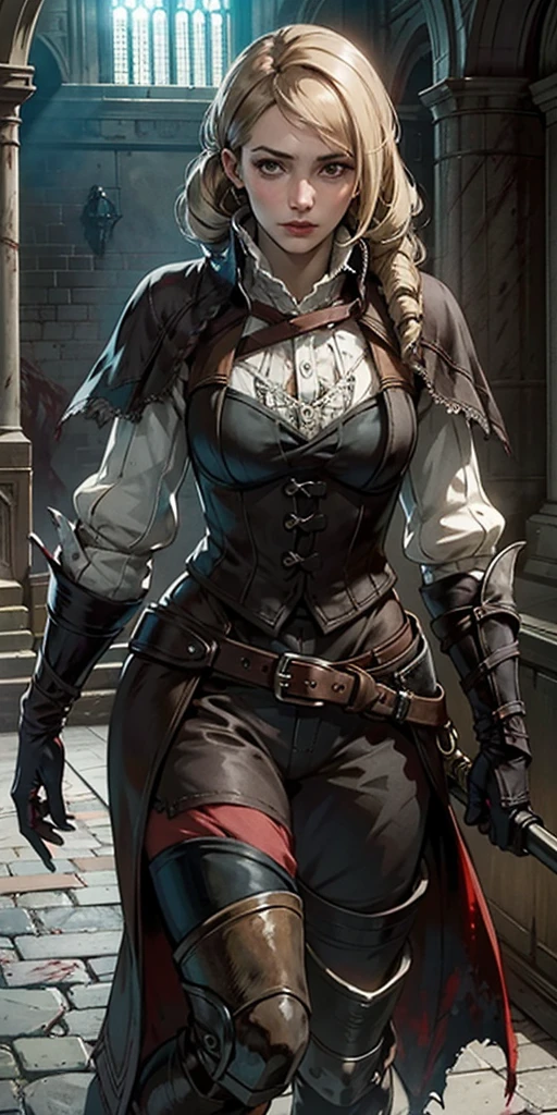 photorealistic, high resolution, soft light,1women, solo, hips up, look at viewer, (detailed face), bangs, edgBB, black gloves, belt, coat, torn clothes, capelet, red gloves gauntlets, vambraces, black capelet, hunter (bloodborne) woman wearing edgBB_outfit, outdoors, gothic architecture, jewelry, full body Forrest Fire Emblem twin drills blonde hair