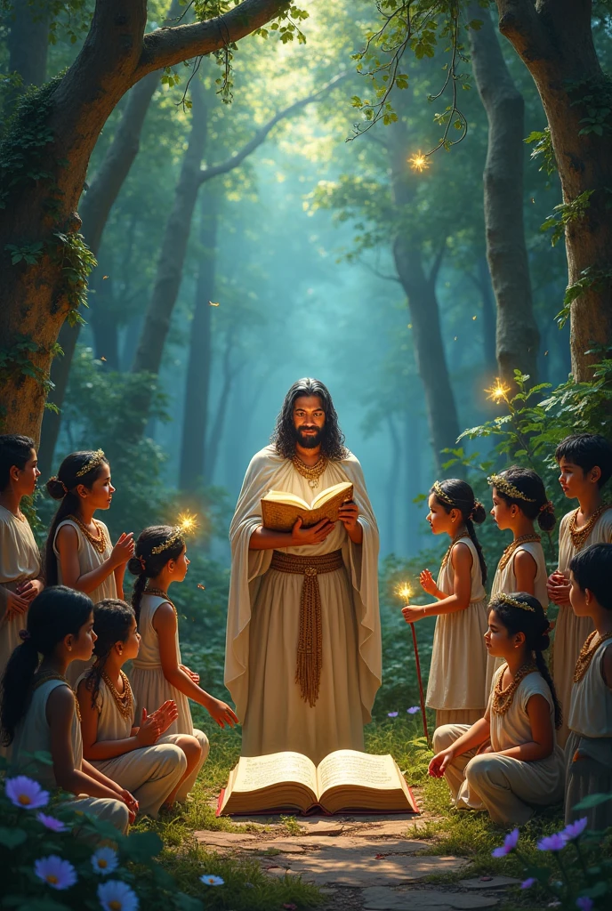 Let there be a magic book on an altar and millions of boys and girls of different ethnicities, brown children, natives, latin americans, Europeans lined up to see him. The setting is a forest with magical flowers and magical and colorful fairies