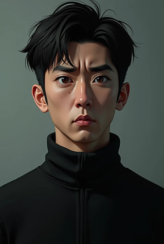 a young man in a black sweater, standing with an angry face (Korean Face)