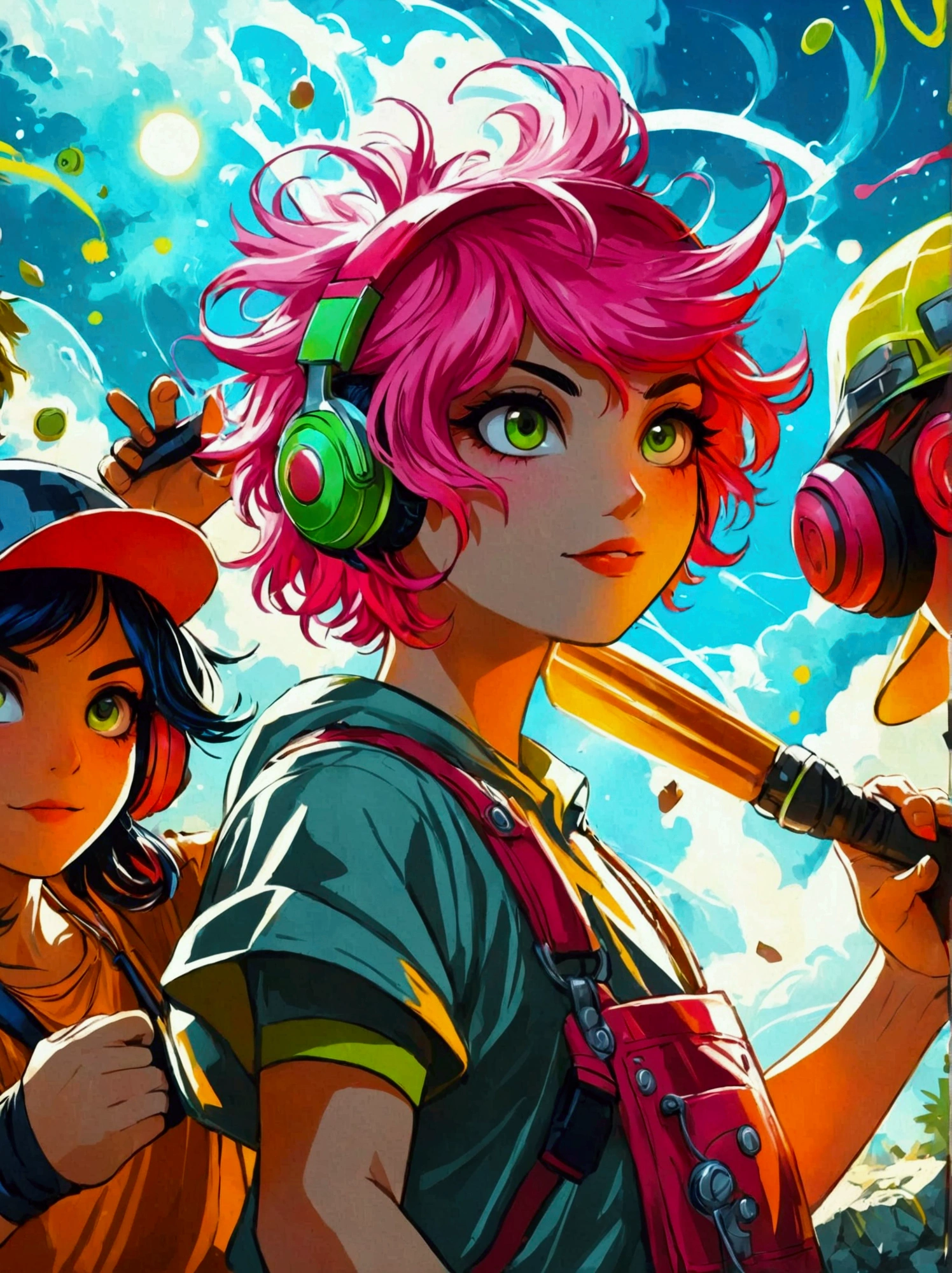 Three characters from a popular multiplayer mobile game, portrayed in an energetic comic book style with vibrant colors and bold outlines. The first character, a baseball enthusiast with bubblegum pink hair, the second, a power-drill wielding miner with a red headband, and the third, a spunky DJ with neon green headphones, are each captured in dynamic, action-packed poses. The digital painting should have a video game-inspired aesthetic with lively brush strokes.
