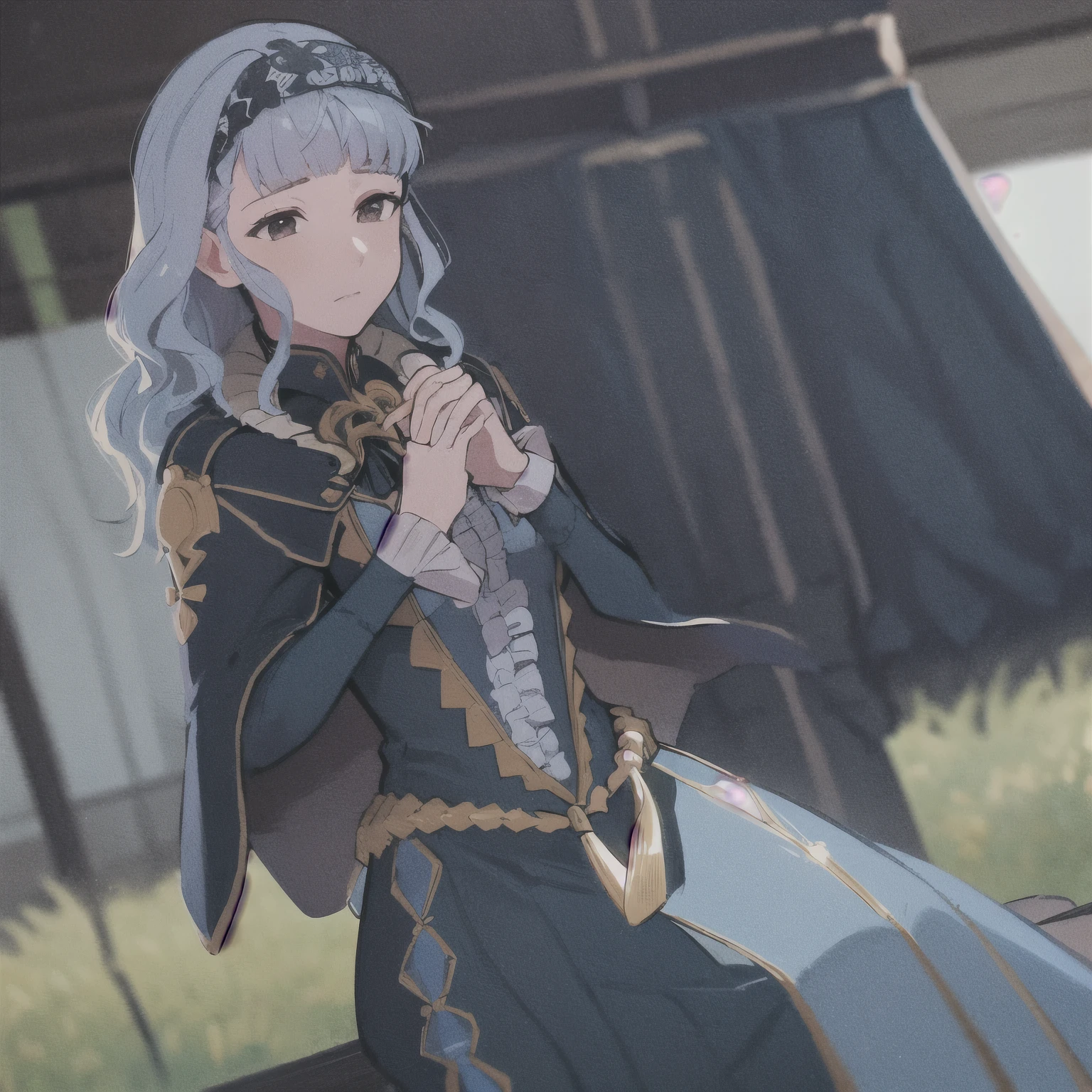 masterpiece, best quality, Marianne3Hopes, long hair, blue dress, capelet, hairband,