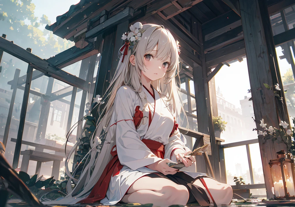 Realistic photos, Focus distance 10mm, Red and white, Beautiful girl, Realistic photos, Shooting at focus distance 10mm, masterpiece, 最high quality, high quality, Very detailed CG 8k wallpaper unit, Award-winning photography, Depth of written boundary, High resolution, bloom, chromatic aberration, Realistic, Very detailed, Art Station Trends, CGsociety Trends, Complex, High detail, dramatic, Art on the go, volumetric lighting, In the old monastery garden、A beautiful girl meditating in a zazen position、I feel calm in the quiet nature