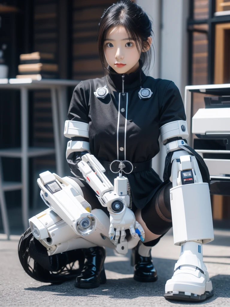 masterpiece, Highest quality, Very detailed,Japanese anドロイド woman,Plump ,Control panel,Activation,Android,Mechanical Hand,Robotic arms and legs, White Robot Parts,Black Hair,Dark black knee-high socks,Black sponge joint,Blunt bangs,White robot body,Ceramic body,Jockey Boots,Perfect Cyborg Girl,