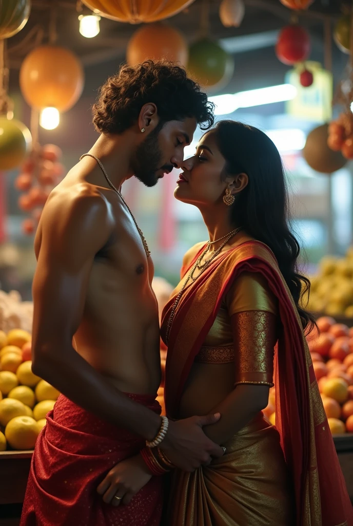 Indian naked boy with aunty holding hard dick showing cleavage bending down in saree in market, fruit shop,oversized blouse, erotic dick, seducing man, saree, blouse, horny boy,sexy facial expressions , indian traditional outfits, boobs valley, vendor pressing aunty's boobs, prime lens cinematic, professional