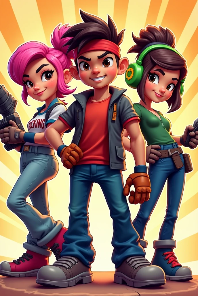 Three characters from a popular multiplayer mobile game, portrayed in an energetic comic book style with vibrant colors and bold outlines. The first character, a baseball enthusiast with bubblegum pink hair, the second, a power-drill wielding miner with a red headband, and the third, a spunky DJ with neon green headphones, are each captured in dynamic, action-packed poses. The digital painting should have a video game-inspired aesthetic with lively brush strokes.