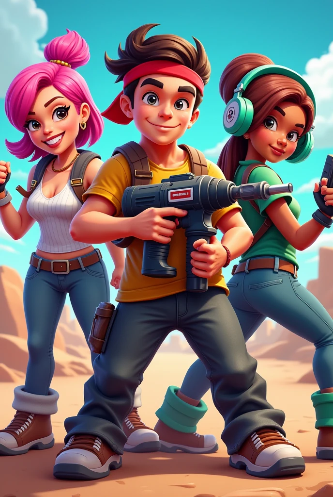 Three characters from a popular multiplayer mobile game, portrayed in an energetic comic book style with vibrant colors and bold outlines. The first character, a baseball enthusiast with bubblegum pink hair, the second, a power-drill wielding miner with a red headband, and the third, a spunky DJ with neon green headphones, are each captured in dynamic, action-packed poses. The digital painting should have a video game-inspired aesthetic with lively brush strokes.
