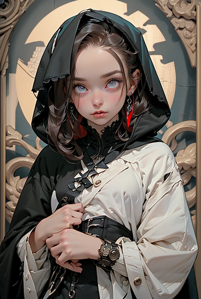 (((masterpiece, of the highest quality, super detailed))), (a witch belonging to an occult order of knights), (a knight crossed with a witch), Victorian era inspired, ((minimal but intricate beautiful armour)), Fluttering lace flared dress with frilly petticoats, ((nier automata meets bloodbourne)), ((((Highly detailed face))), (big forhead:1.2), ((dark hair)), (((Very sharp focused eyes))), very long eyelashes, small breasts, (((flat chest:1.1))), occult aesthetic, (red and white clothing detailed and intricate steampunk and detailed gothic), (with a hood), complex lace boots,